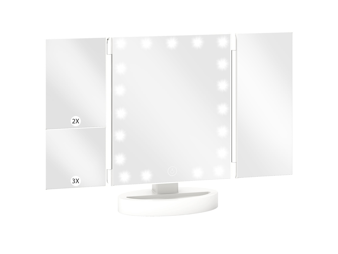Espelho de Maquilhagem com Luz com Aumento 1x/2x/3x Rotação Livre de 180° 21 Luzes Led 28x12x18cm Branco BTFORUS