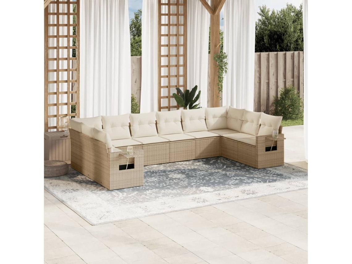 10 Pcs Conjunto De Sofás P/ Jardim Com Almofadões Vime Pe Bege Dkd Home Decor