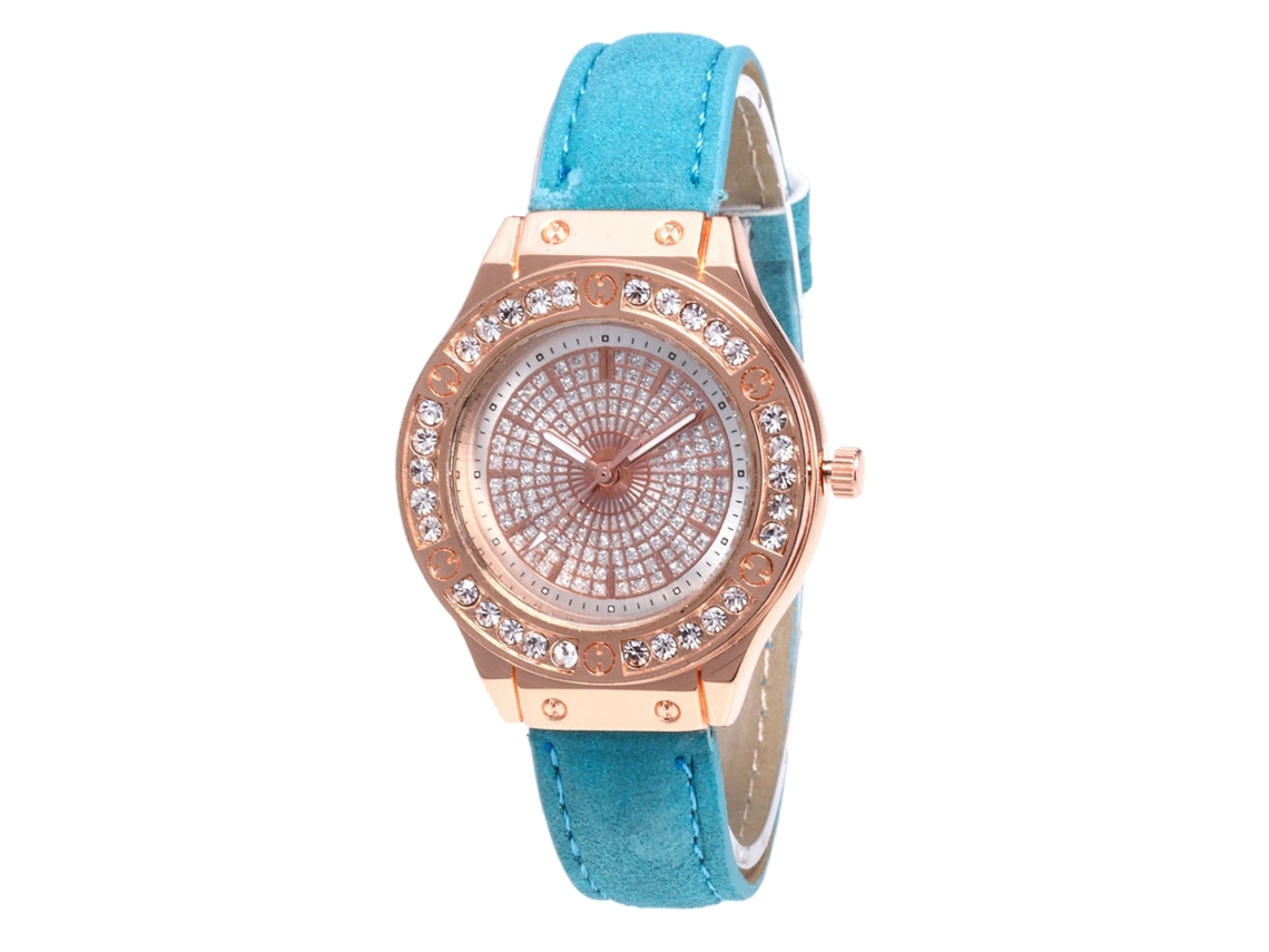 Relógio de Pulso Feminino de Quartzo com Pulseira de Couro Pu e Strass Cor Azul Claro