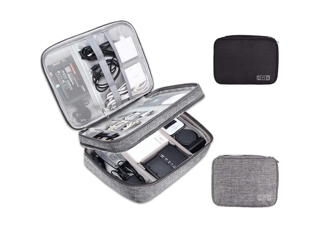 Bolsa Organizadora Digital Tripla Cinza 28×21×10cm, Zíper Metálico Duplo, Alça Para Viagem E Acessórios Eletrónicos