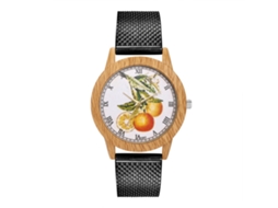 Relógio unissex Zhoulianfa, mostrador com estampa de frutas, pulseira de malha, movimento analógico de quartzo, preto.