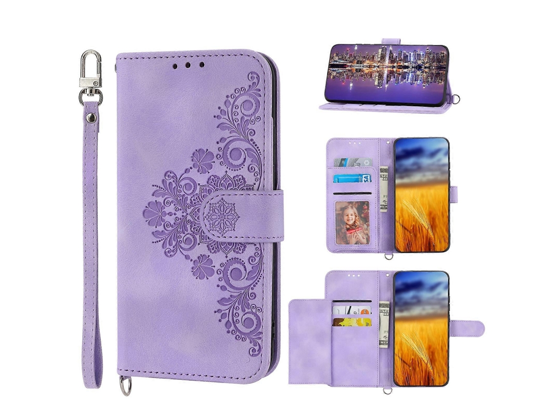 Capa De Couro Tipo Carteira Com Estampa De Flores E Relevo Para Sharp Aquos Sense7 Plus