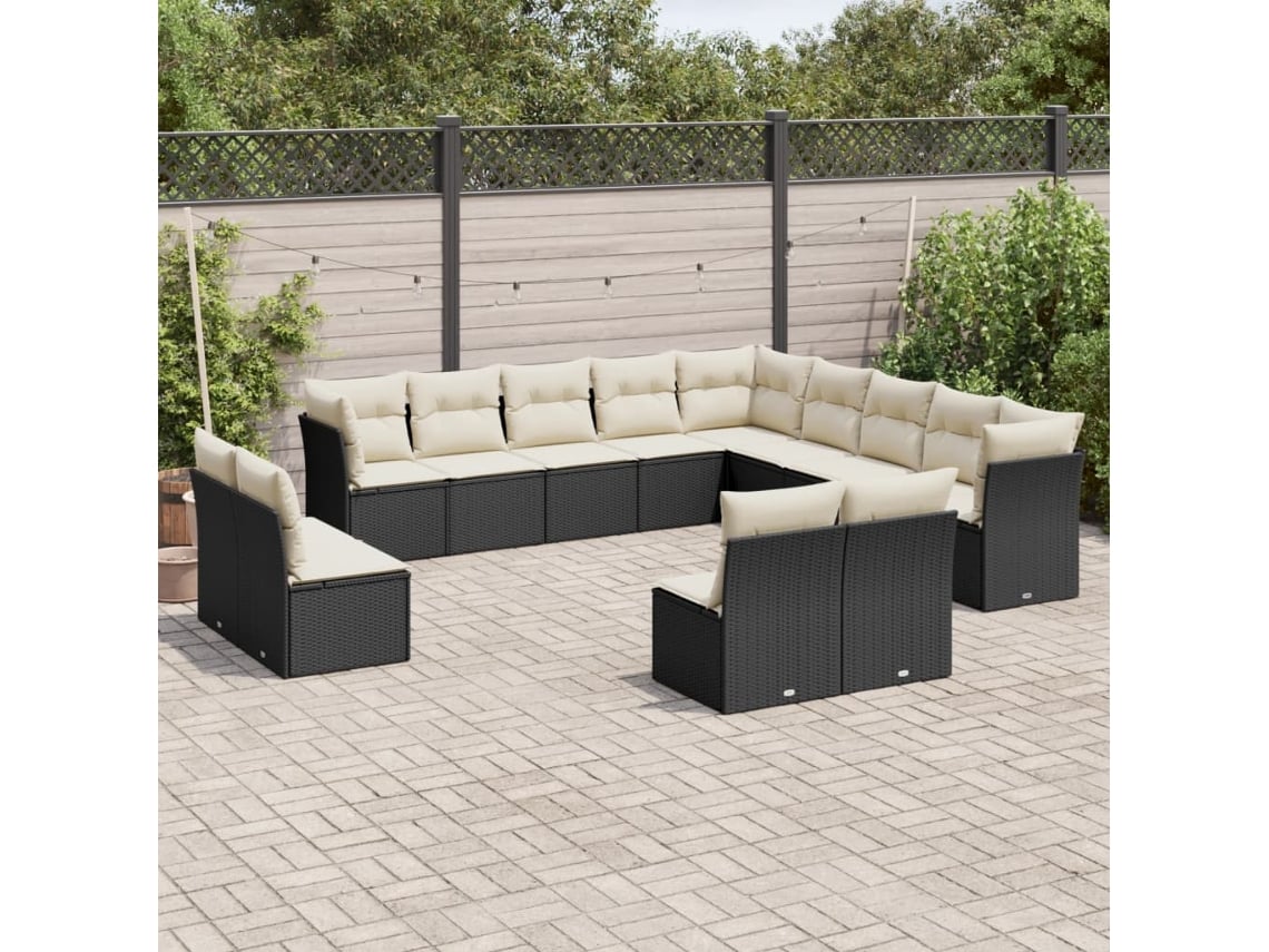 13 Pcs Conjunto De Sofá De Jardim Com Almofadões Vime Pe Preto Haochrymec