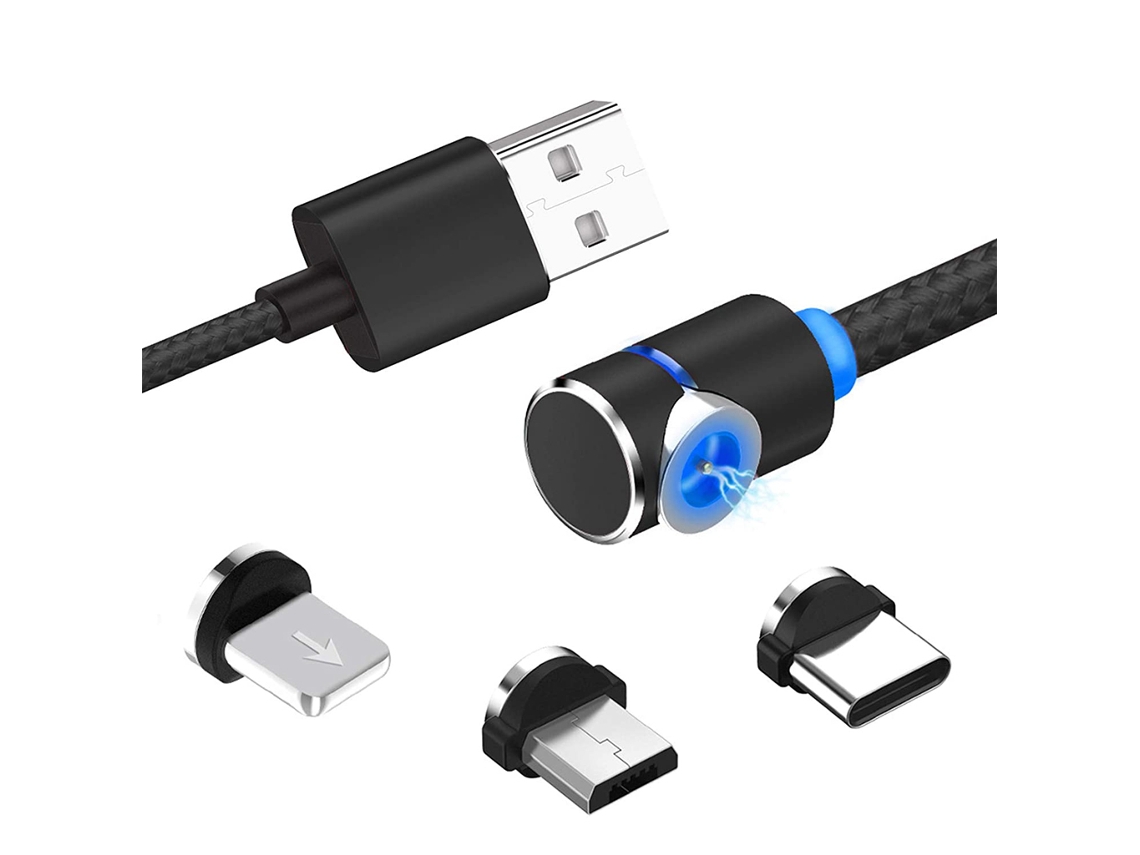 Cabos De Carregamento Magnético Usb 3 Em 1 Com Led, Cabo Trançado Nylon Micro Usb Tipo C, Formato LE Rotação 360°, 2m