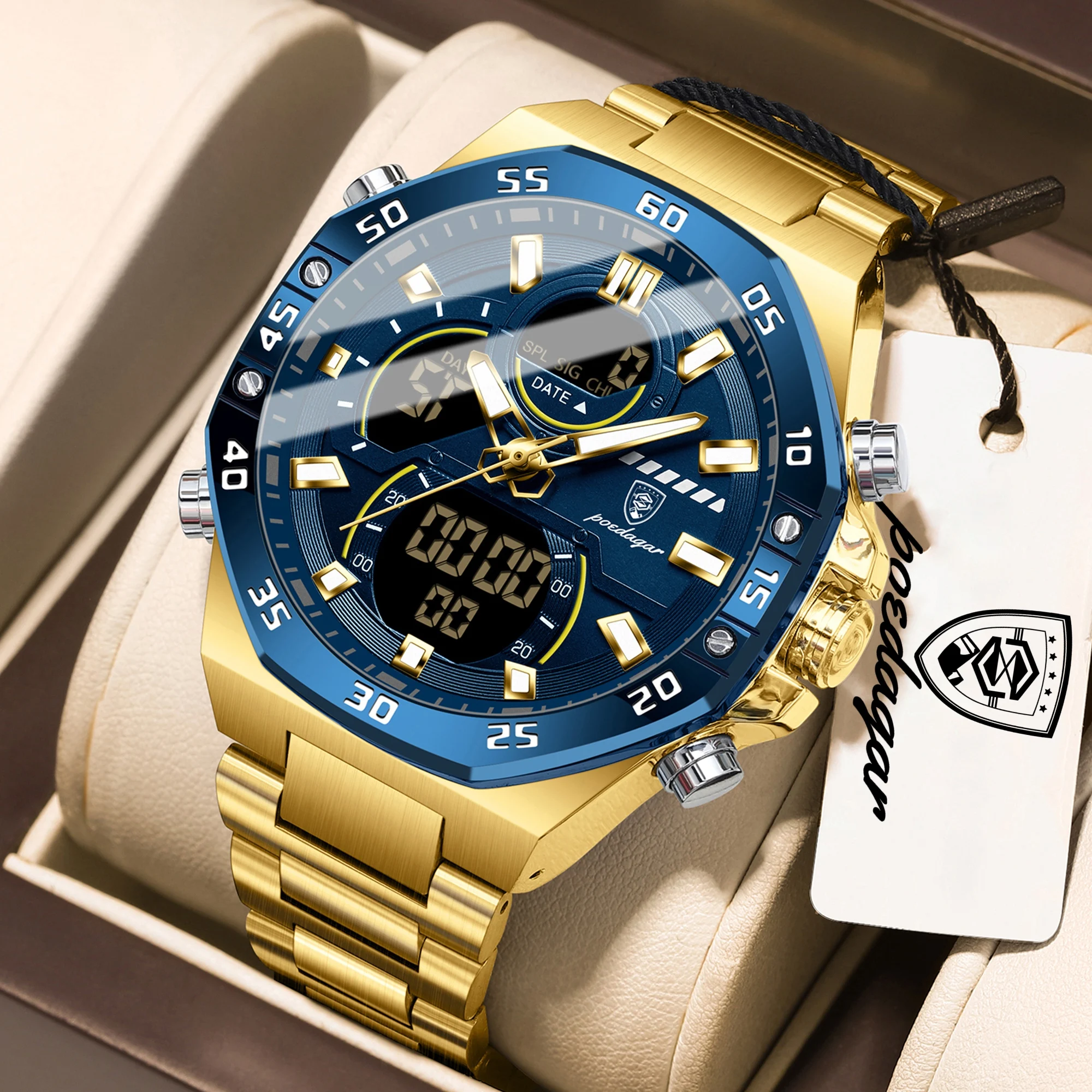 Relógio Masculino (dourado E Azul) Com Led Luminoso, À Prova D'água E Com Mecanismo De Quartzo.