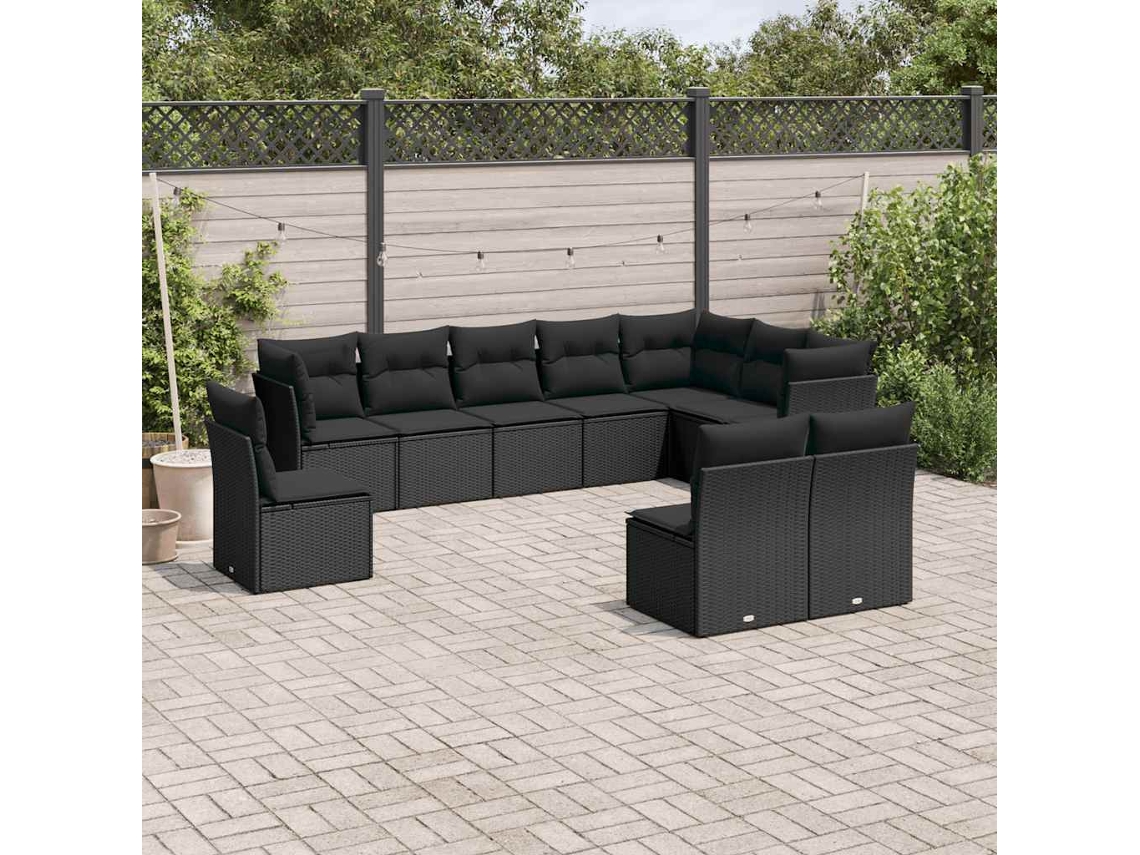 Vidaxl 10 Pcs Conjunto Sofás De Jardim C/ Almofadões Vime Pe Preto