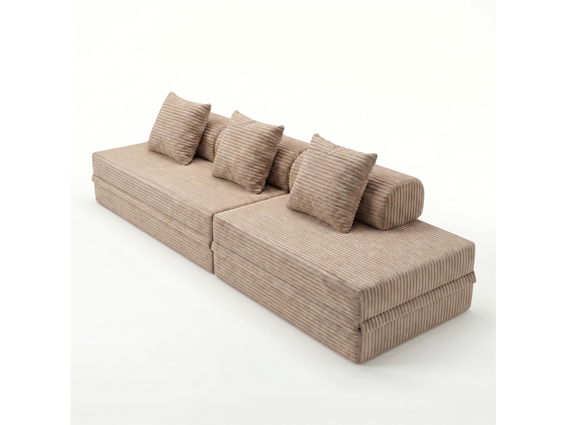 Sofá Modular 3+2 Lugares Convertível Veludo Listado Taupe SKOFFA