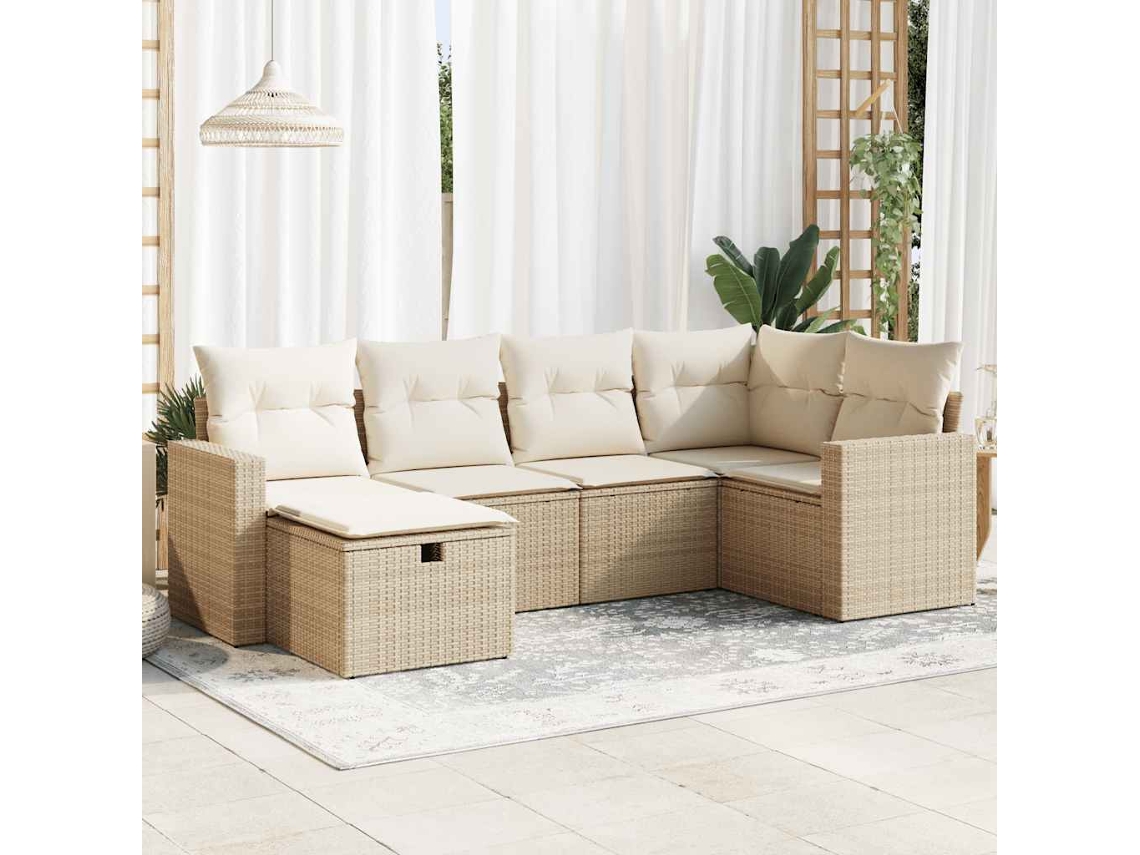 Vidaxl 6 Pcs Conjunto De Sofás P/ Jardim Com Almofadões Vime Pe Bege