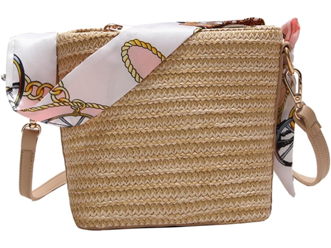 Bolsa De Ombro Feminina Em Tecido Trançado, Leve E Elegante, Ideal Para Praia E Viagens, Na Cor Cáqui.