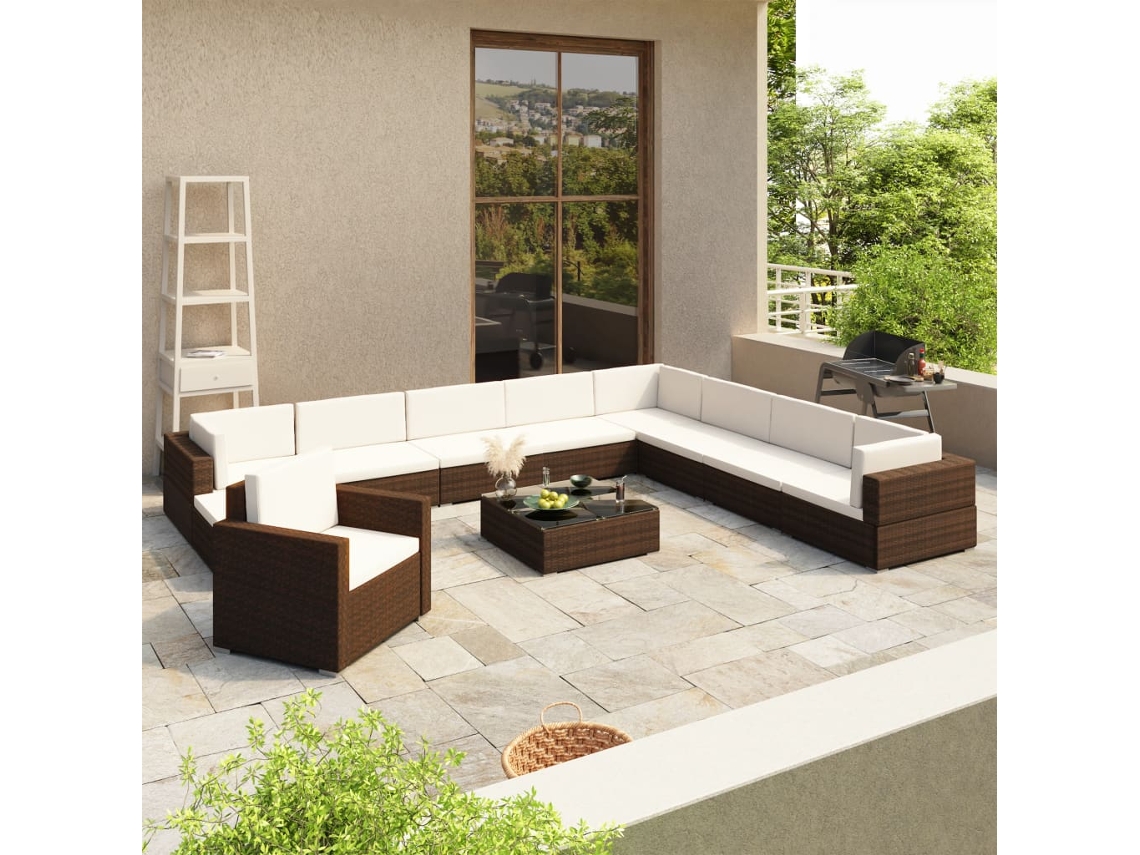 Conjunto 12 Peças Lounge Jardim C/ Almofadões Vime Pe Castanho Dkd Home Decor
