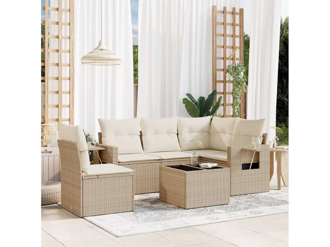 Vidaxl 6 Pcs Conjunto De Sofás P/ Jardim Com Almofadões Vime Pe Bege