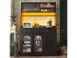 PAPRIKA Armário de Cozinha Alto com Prateleiras Ajustáveis, Vitrine, Buffet com 2 Gavetas e Iluminação LED na Cor Preta