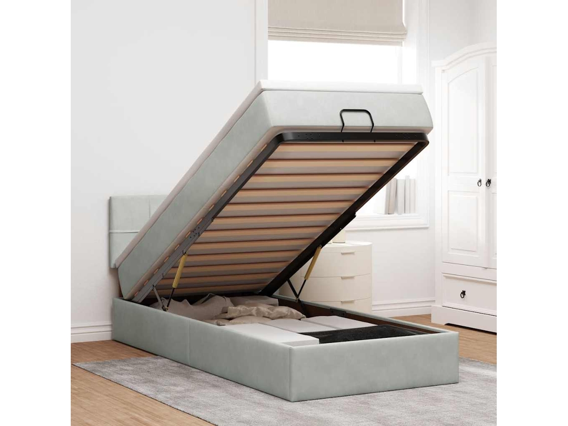 Estrutura Cama Otomana Colchão 90x190 Cm Veludo Cinzento Claro