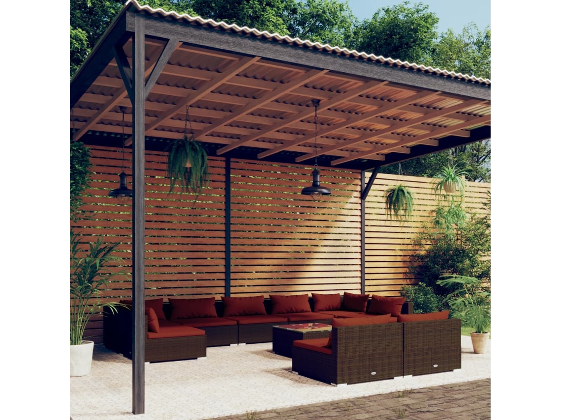 Vidaxl 10 Pcs Conjunto Lounge Jardim C/ Almofadões Vime Pe Castanho