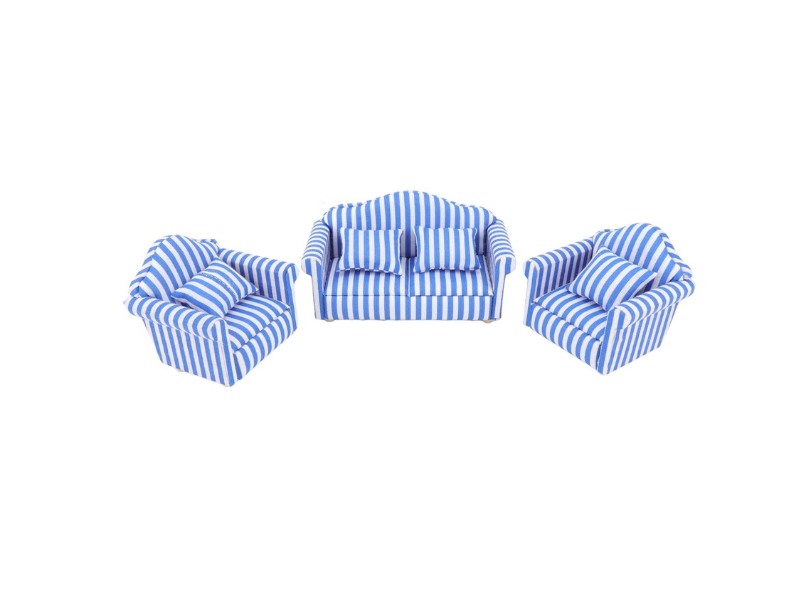 Ats conjunto de Sofás de Muñecas 3 Piezas Sofá Doble Y 2 Individuales Rayados Color Claro Azul para Casa de Muñecas 1:12
