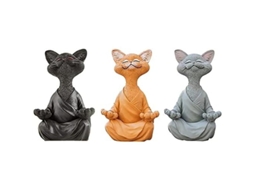 Conjunto De 3 Estátuas De Gato Em Meditação Zen - Gato Em Postura De Yoga - Decoração Para Casa E Jardim