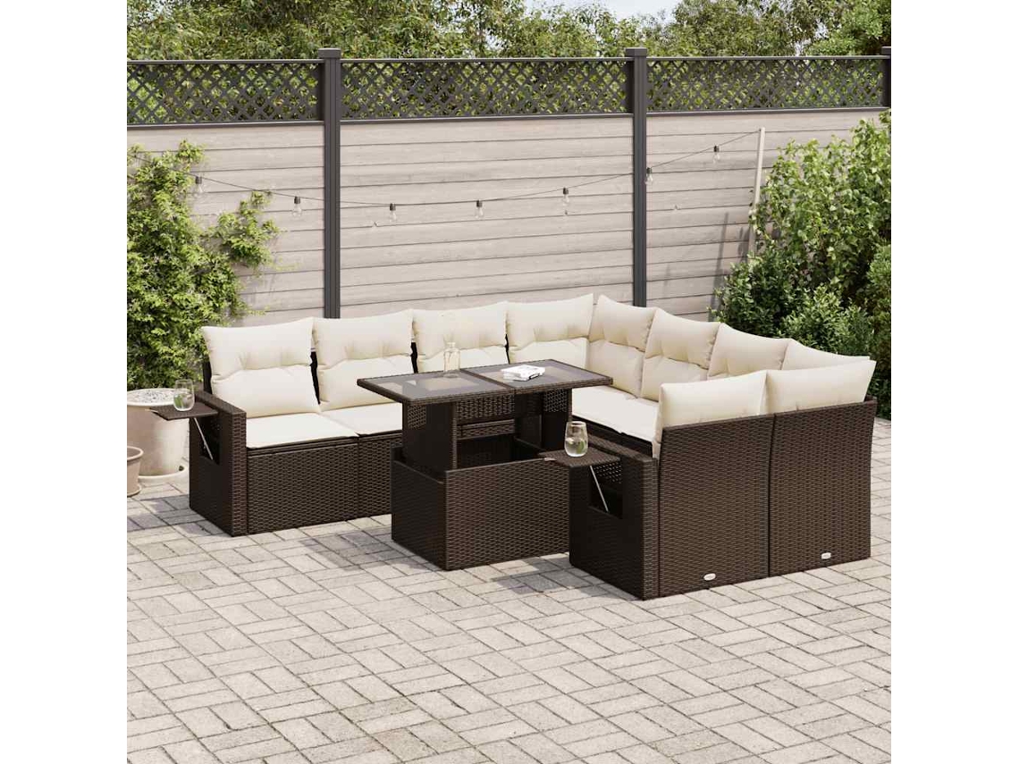 Vidaxl 9 Pcs Conjunto Sofás P/ Jardim C/ Almofadões Vime Pe Castanho