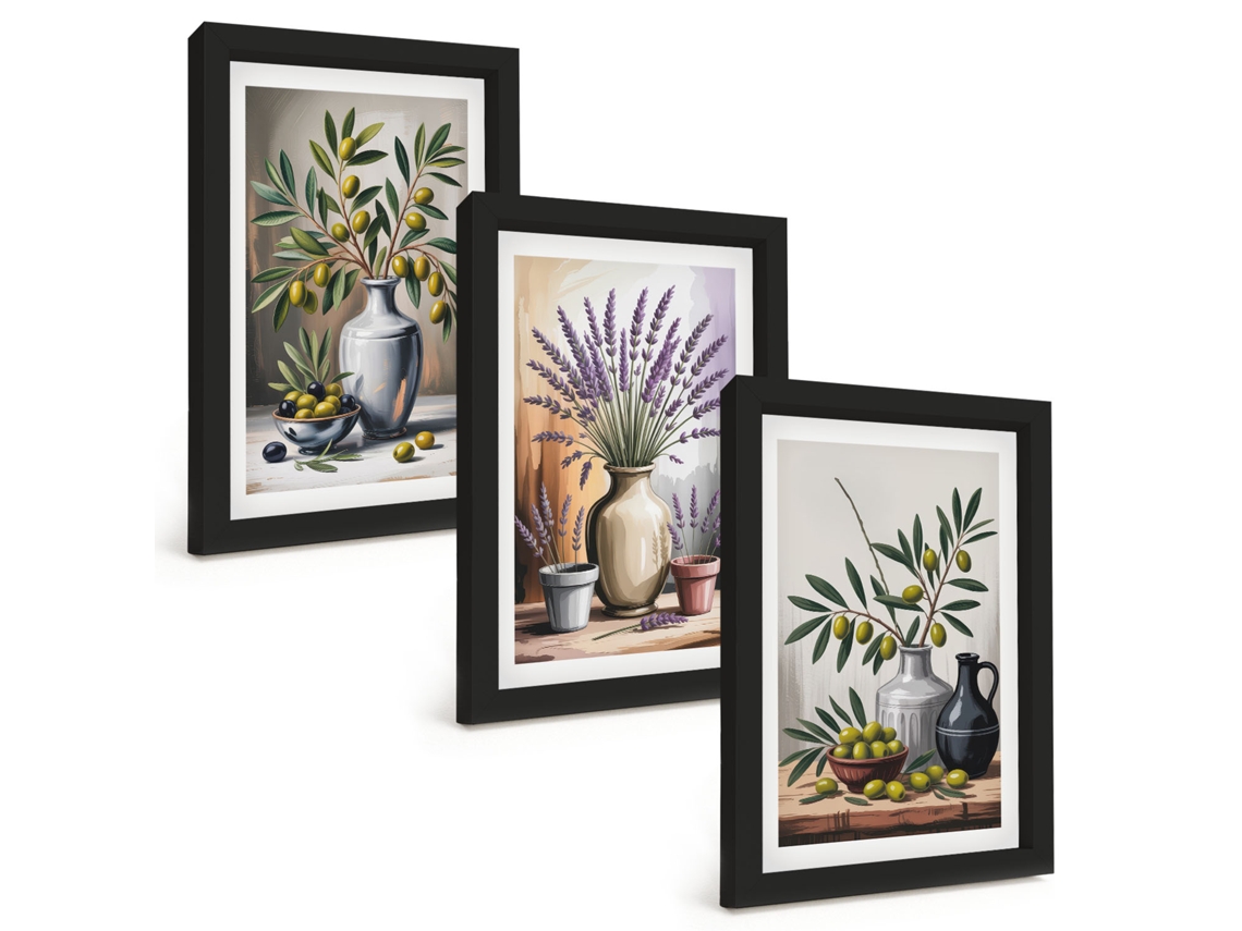 Composição De Quadros Flores, Azeitonas Em Vasos, Fundo Espelharte (3 Peças 20x30 Cm)