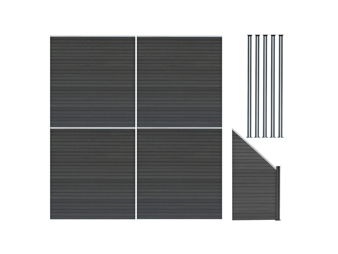 Vedao Exterior Wpc 185x772cm | Cinza | 4xpainis Reto 1x Oblquo 5 Postes C/led Solar | Painel Dupla Face | Design Monstershop