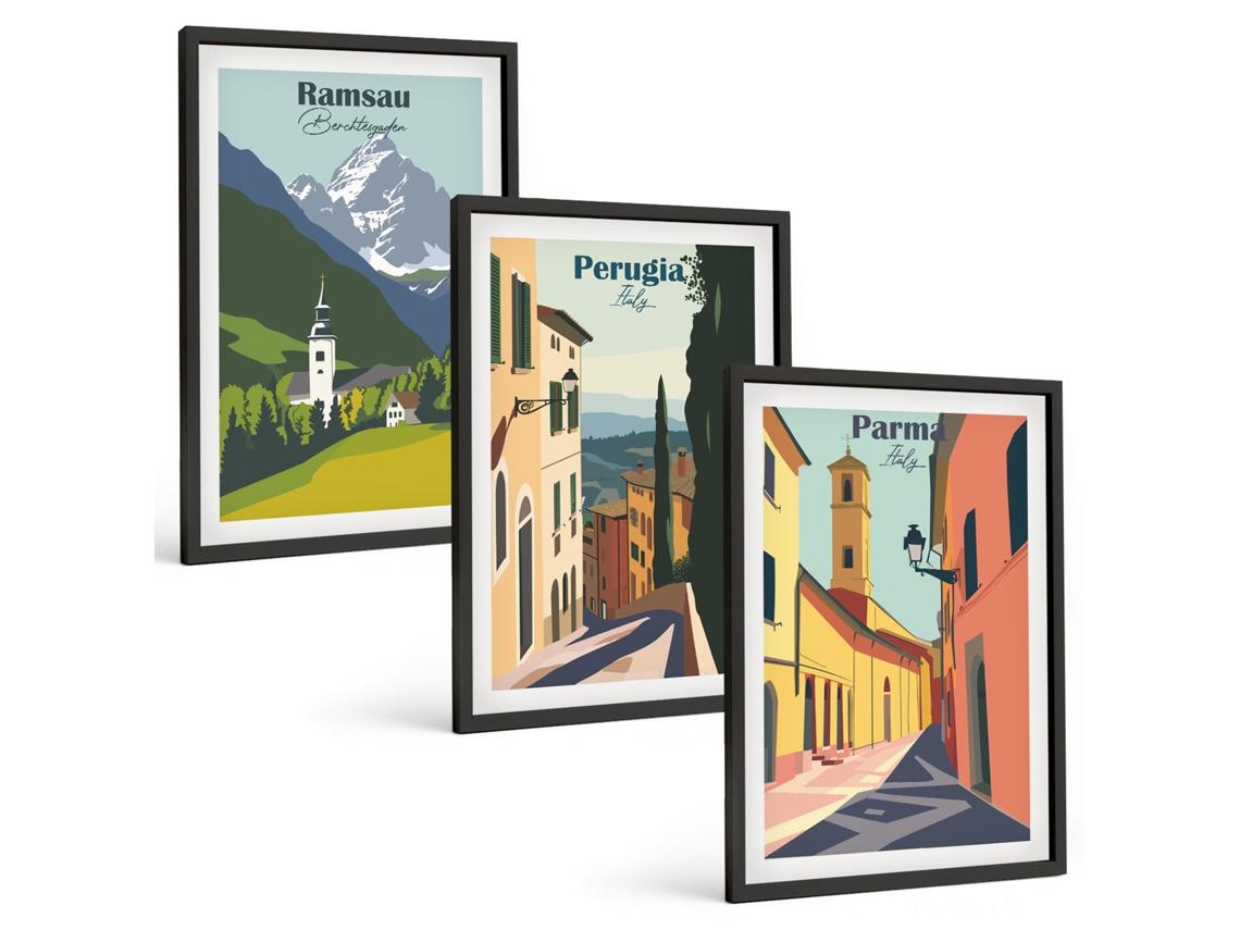 Galeria De Pinturas Murais Paisagens De Montanha E Itália Moldura Preta Fotos Para O Escritório Espelharte (3 Piezas De 40x60 Cm)