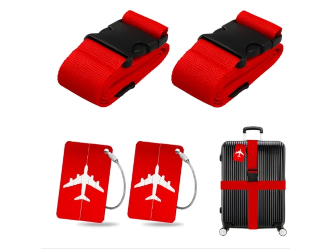 Conjunto De 2 Cintas Bagagem Com Etiquetas Metal Para, Vermelhas, Cinta Ajustável Para Mala, Cinta Para Mala, Cinta Para Mala Sqbb