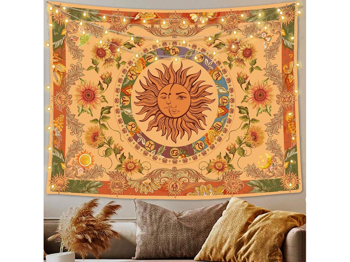 Tecido Amarelo com Sol e Lua, Estilo Retrô, Girassol e Borboleta M BRILVIBERA