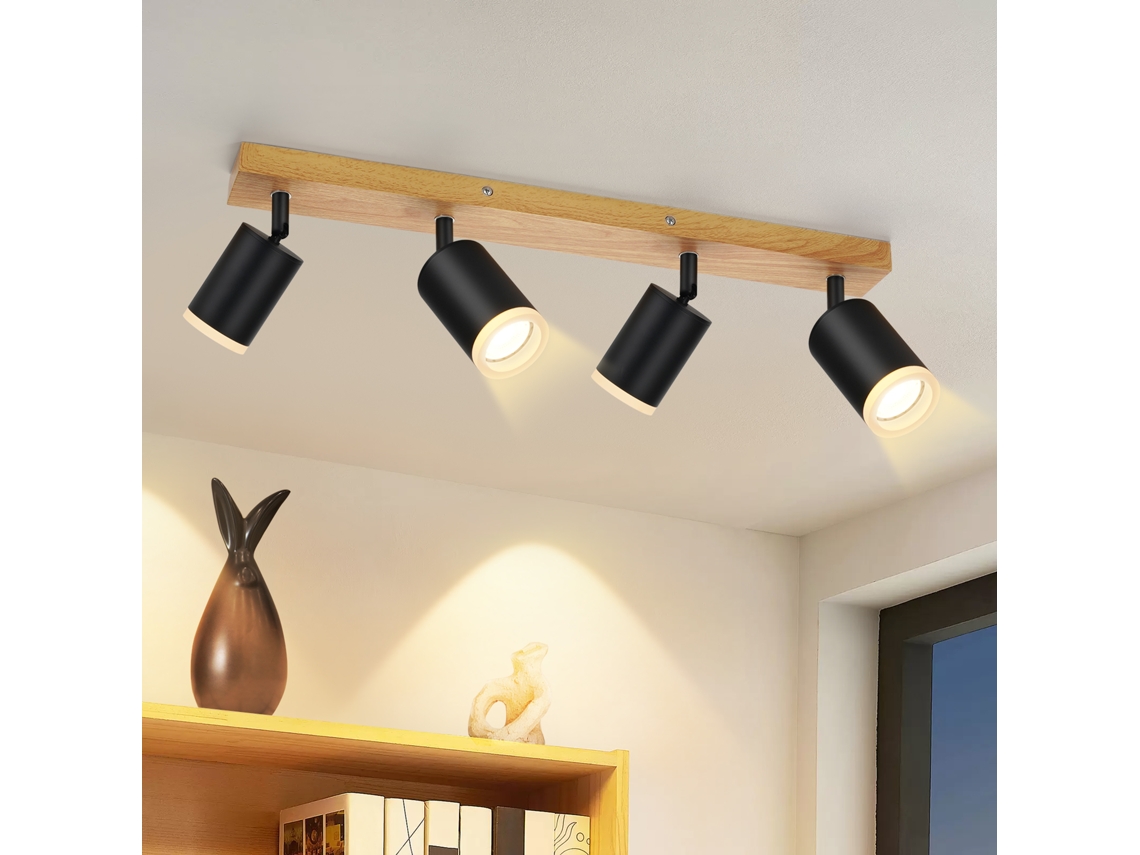 Nettlife Candeeiro De Teto Com Focos Led 4 Luzes Gu10, Madeira Preto Ajustável 355° Vintage Industrial, 25 W, Ip20, 15 Cm, Orientáveis
