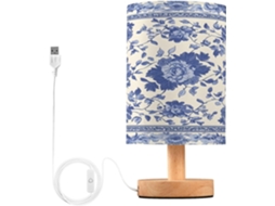 Abajur De Cabeceira Led Com Estampa Floral Azul E Branca, Ideal Para Quarto, Leitura Com Cúpula De Tecido, Base De