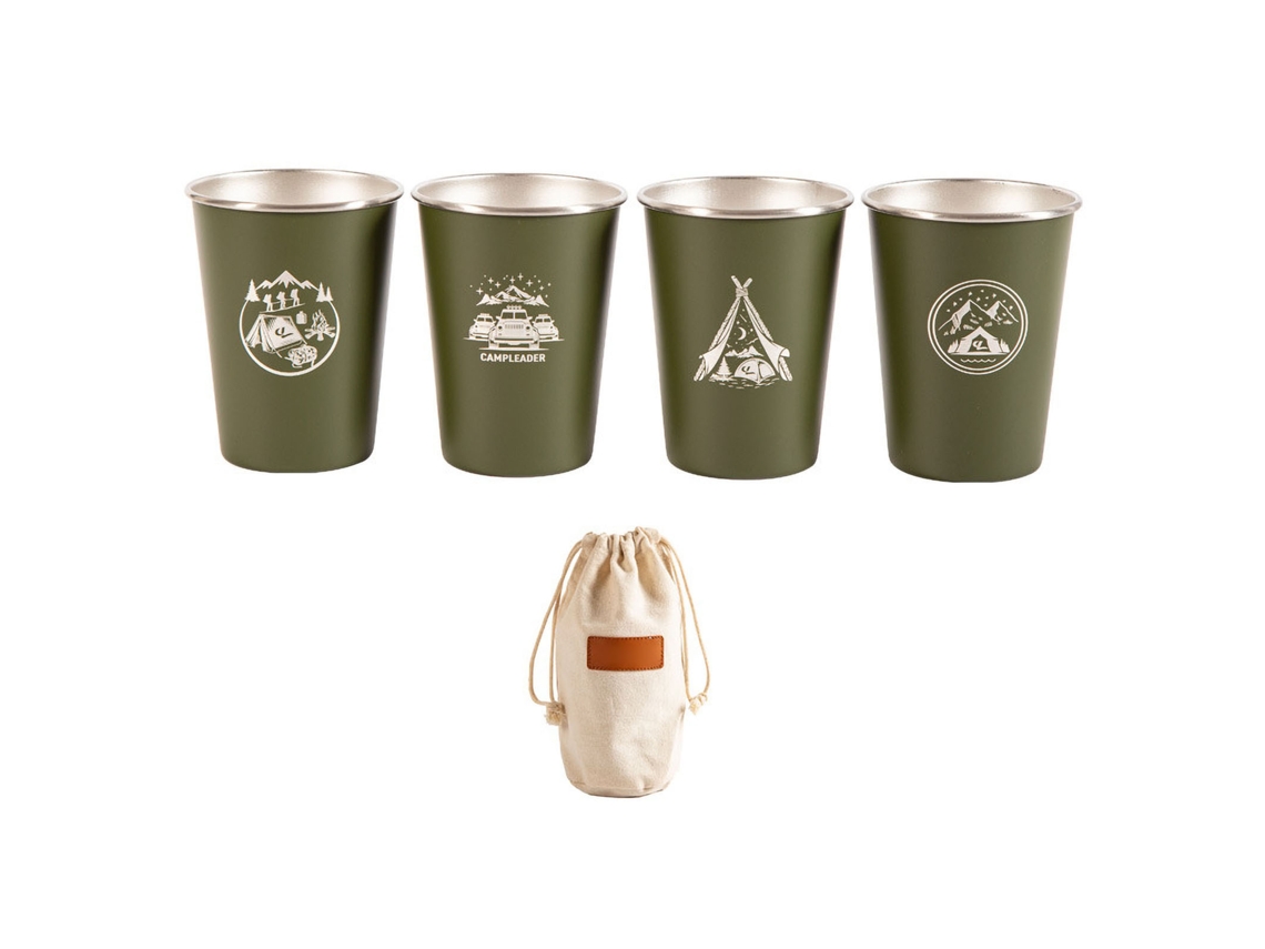 Conjunto de 4 Canecas de Acampamento Aço Inoxidável 350ml para Camping Piqueniques Outdoor Verde Militar