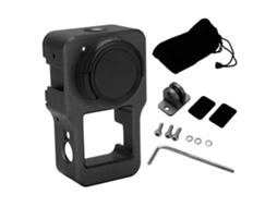 Caixa de proteção contra quedas para câmera de ação DJI Action 2, modelo 2026, com furos roscados de 1/4" e 3/8", na cor preta.
