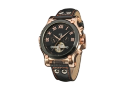 Relógio Automático Mechanico Masculino Forsining Multifuncional Pulseira Couro Preto Ouro