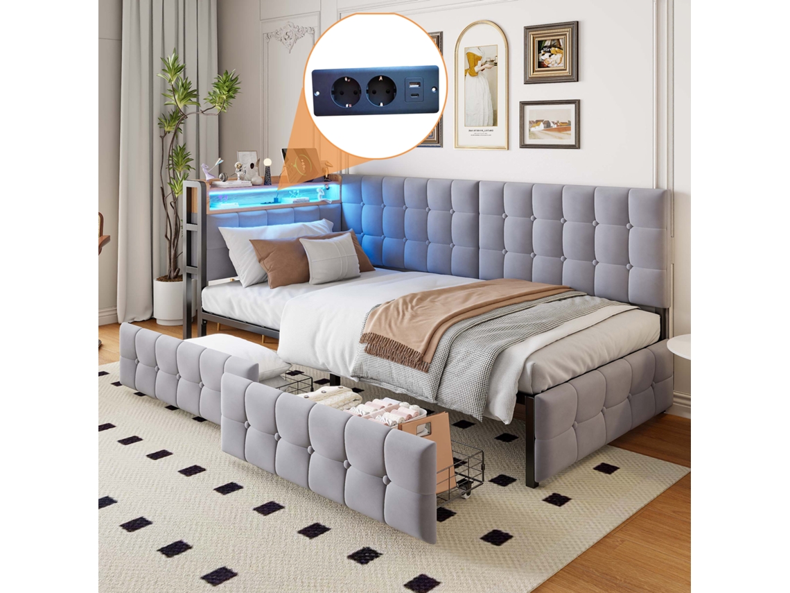 Sofa-cama Acolchoado Multiuso Com 2 Gavetas, Iluminacao Led, Porta Usb E Encosto Com Acabamento Na Cor Cinza
