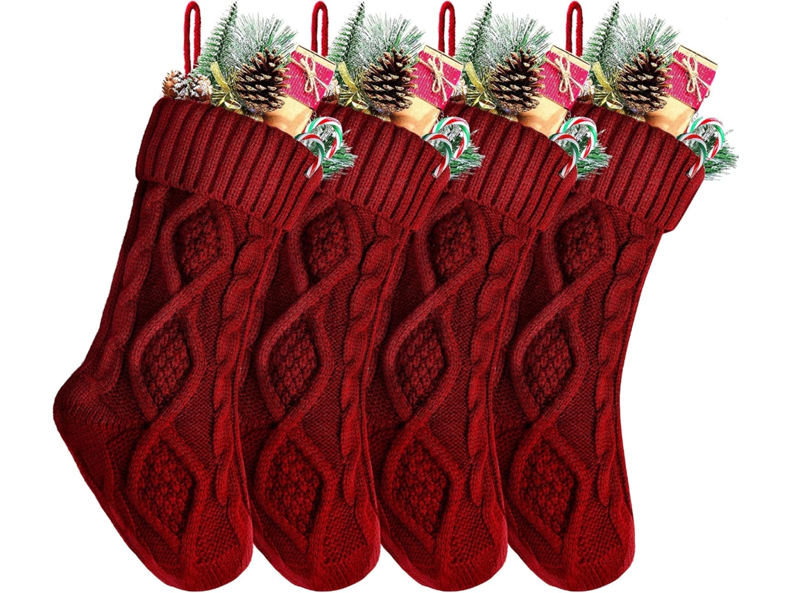 Conjunto De 4 Meias De Natal De Tricô Exclusivas Na Cor Bordô, Tamanho 14 Polegadas (35,5 Cm), Modelo 2.