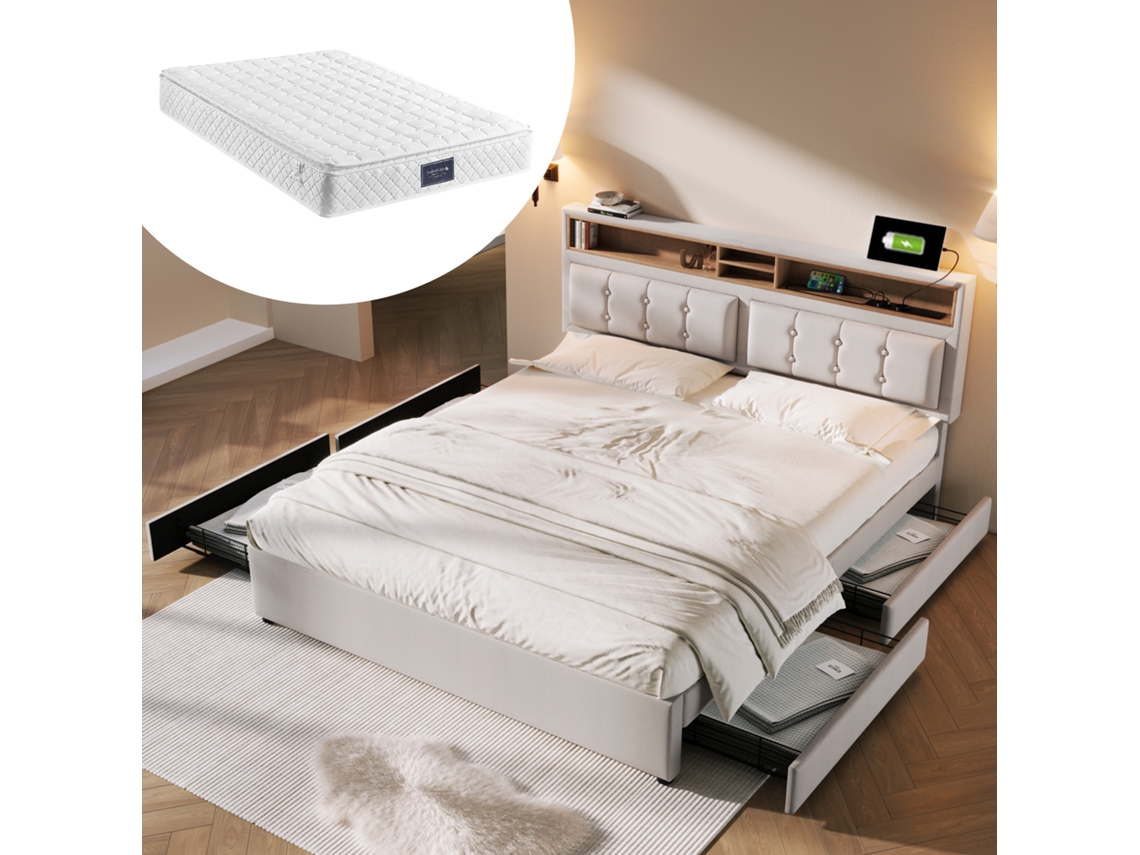 Doppelbett Mit 4 Schubladen Und Usb-c Steckdose, Polsterbett 160x200 Cm, Höhenverstellbares Kopfteil, Lattenrost Aus Holz, Mit Matratze