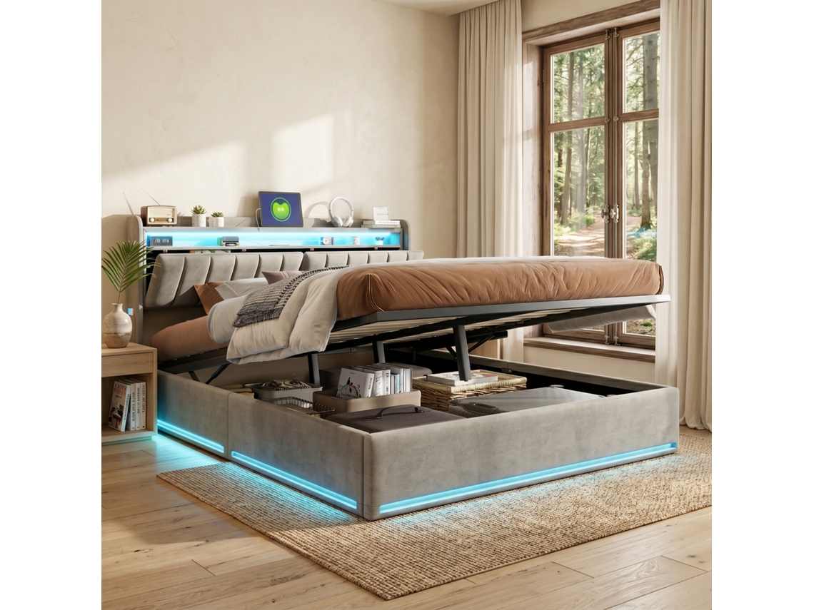 Cama Dupla Estofada com Arrumação Hidráulica 160x200 Cm Cabeceira com Compartimentos Ocultos Portas Usb e Iluminação Led Rgb Cinzento RESETIZE