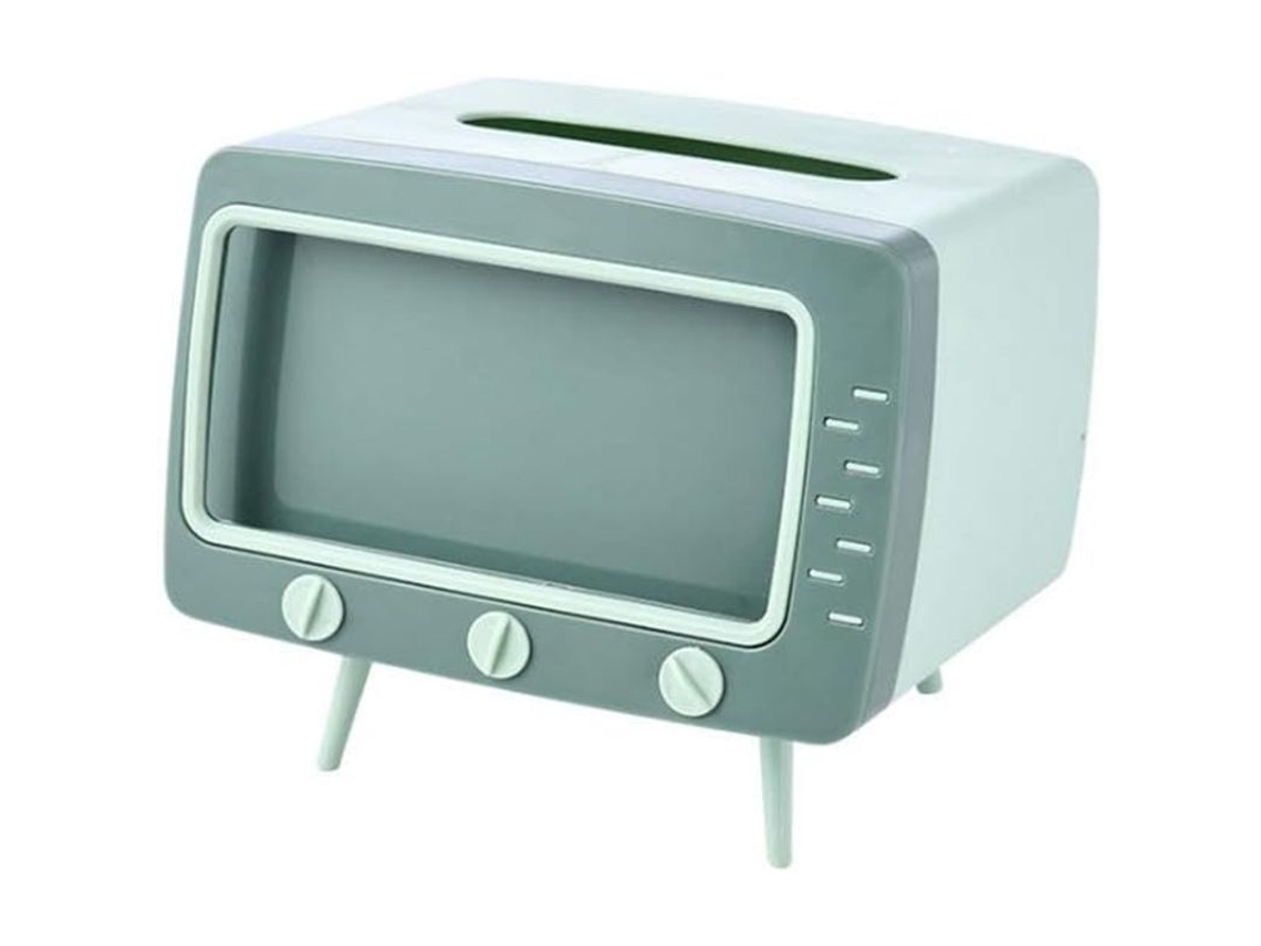 Caixa de Papel Higiênico com Suporte para Controle Remoto e Celular, Forma de TV Vintage, Verde