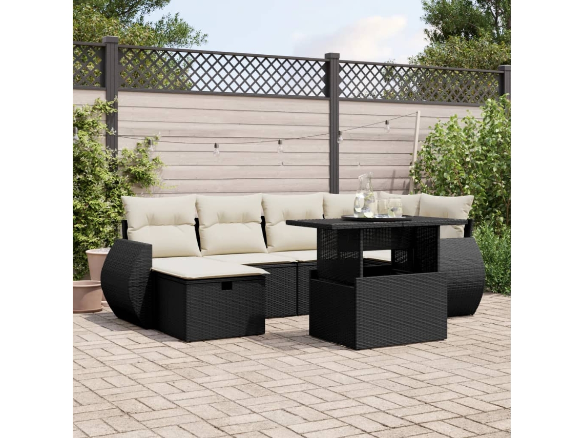 Vidaxl 7 Pcs Conjunto De Sofás P/ Jardim C/ Almofadões Vime Pe Preto