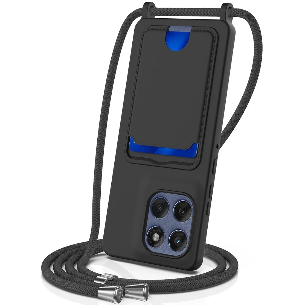 (preto, Motorola Edge 50) Capa Para Celular Com Alça Transversal, Feita De Silicone, Com Porta-cartões E Proteção Contra Quedas.