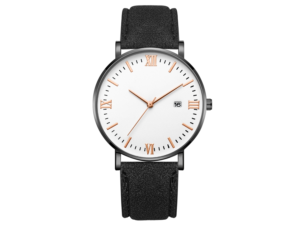 Relógio de quartzo com pulseira de couro PU, estilo simples e moderno com detalhes nos ponteiros.
