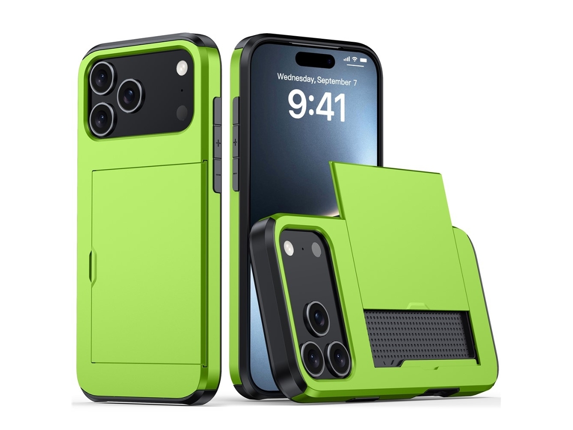 Capa Híbrida Para Iphone 17 Pro Com Compartimento Para Cartão, Verde.