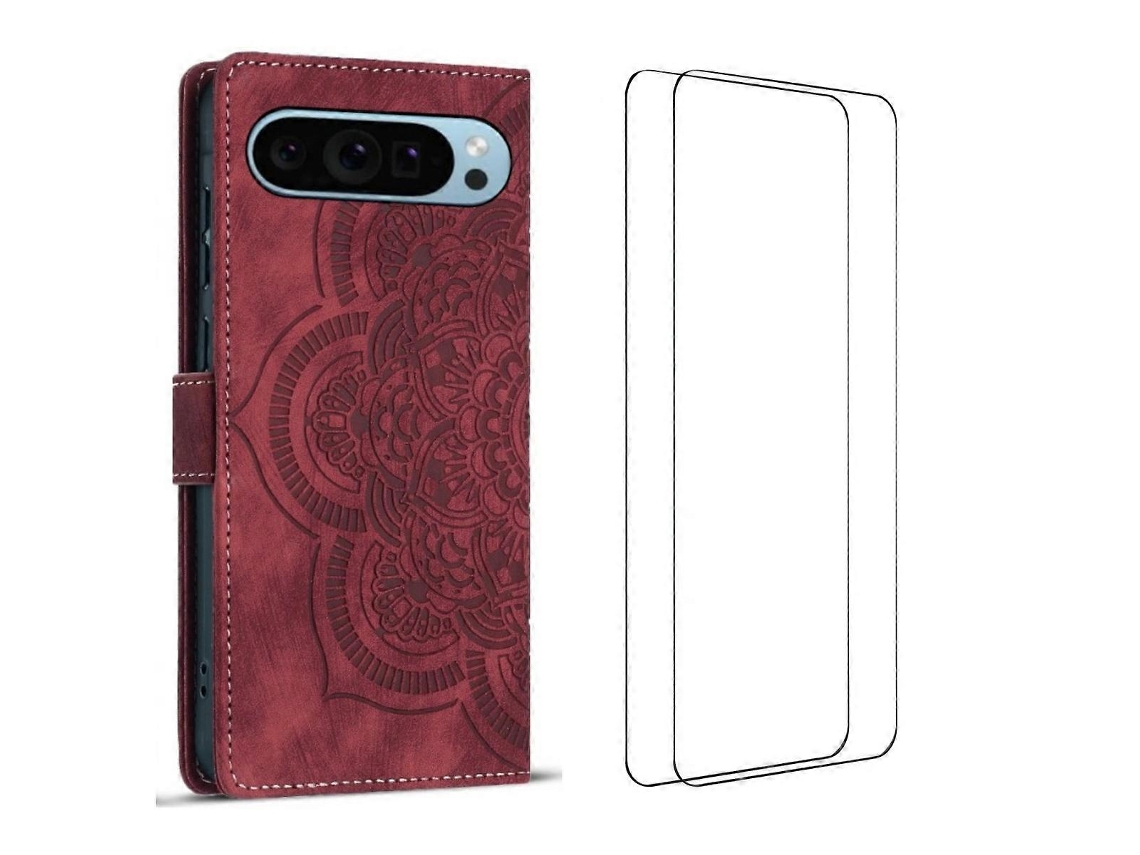 Capa Tkdaddy Para Google Pixel 10 Pro Com 2 Peças De Vidro Temperado Wanlonfeng Mtl Series Mandala Couro Capa De Celular Vermelha