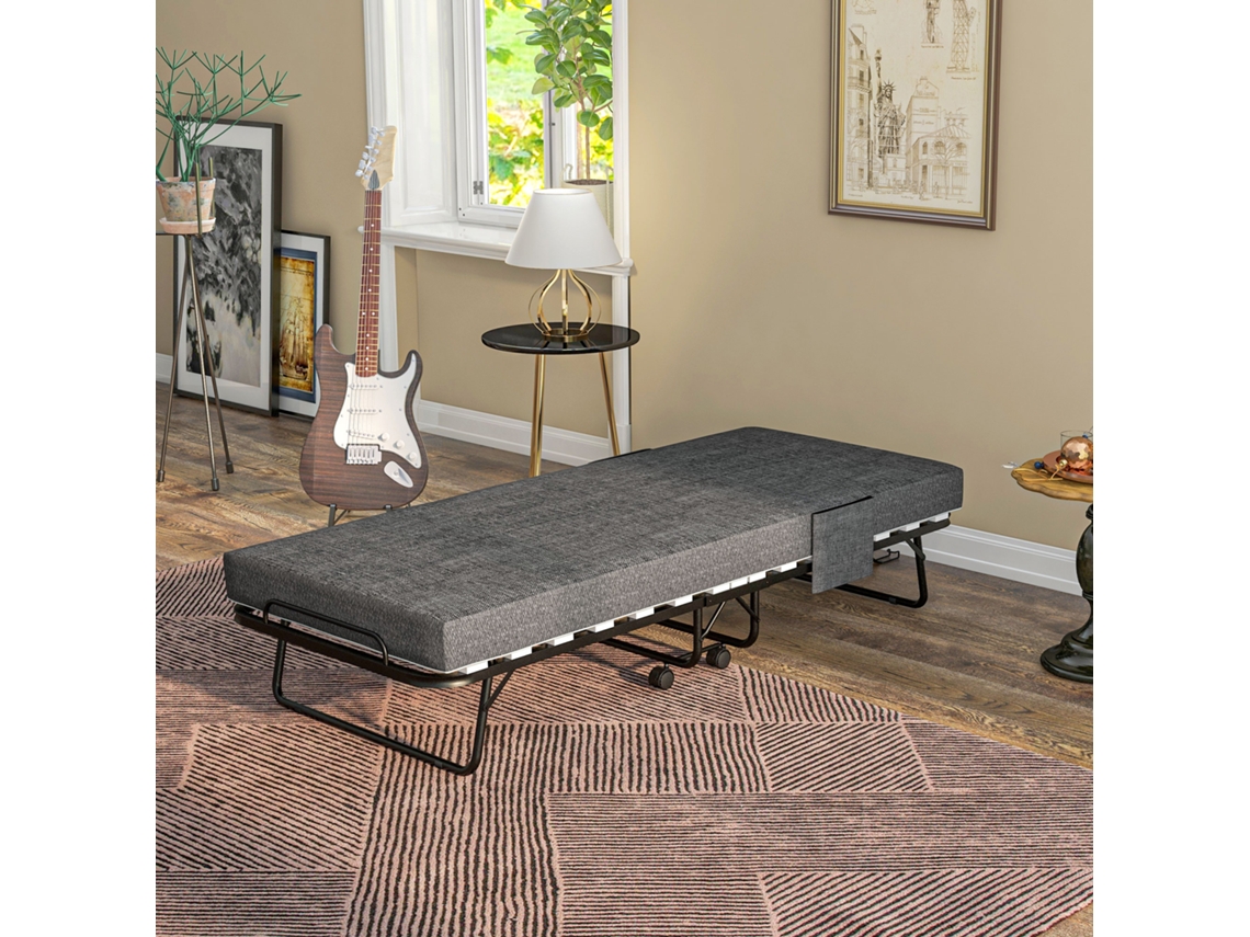 Cama Dobrável, Colchão, 4 Rodas, Estrutura De Metal, Até 150 Kg, 190 X 80 X 42 Cm, Cinza Escuro
