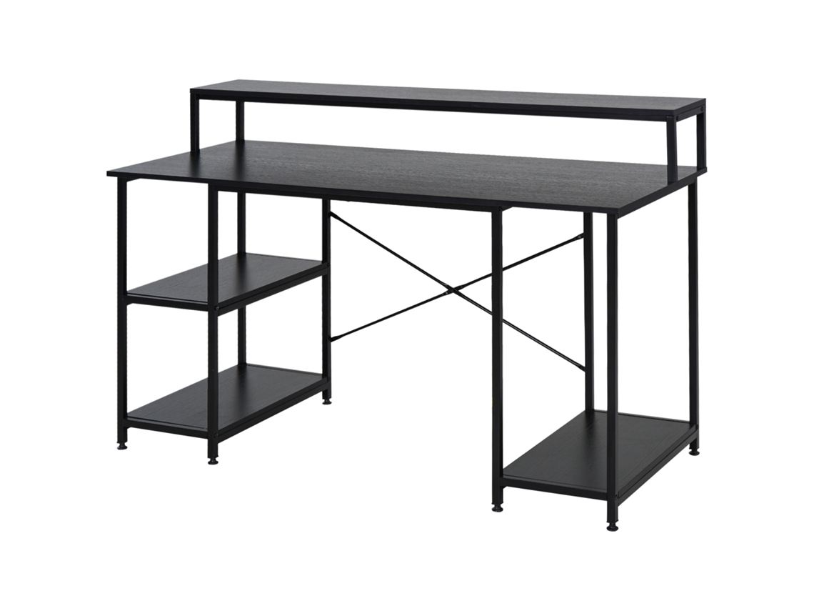 Secretária Para Escritorio Com 3 Prateleiras Pernas Com Almofadas Ajustáveis Anti-derrapante Estrutura De Metal 140x60x93 Cm Preto