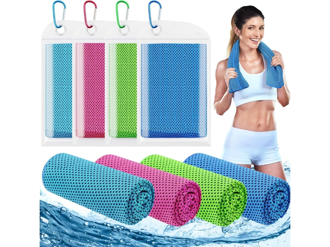 Toalha Refrescante, 101x30 Cm, Fitness, Esportiva para Pescoço e Rosto, Microfibra, com Mosquetão, para Ioga, Corrida, Golfe, Pacote com 4 AQUAFORGE