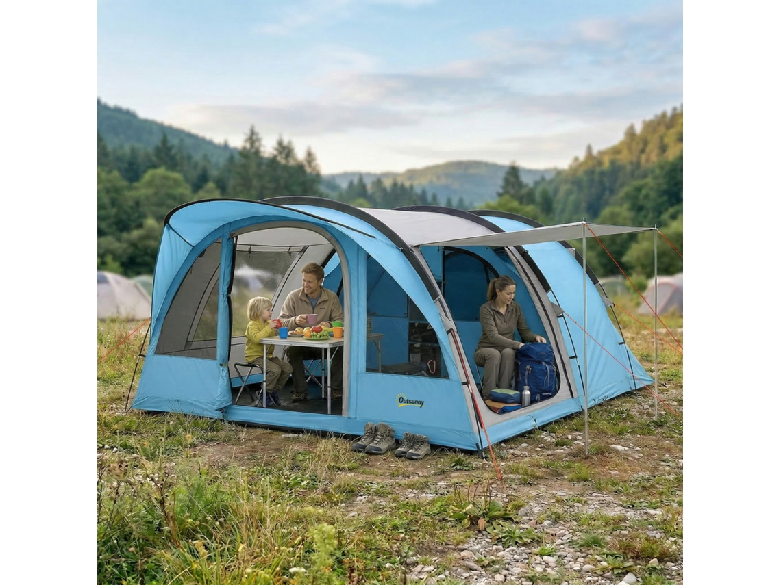 Barraca Tipo Túnel Familiar Para 4 Pessoas Com Toldo, Cabine De Dormir, Divisória Removível, Janelas, Lona De Piso E Pé Direito Elevado