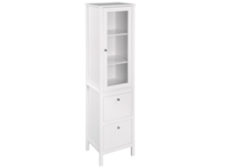 Armário Alto Para Banheiro Com 1 Porta De Vidro Prateleiras Ajustáveis E 2 Gavetas 43x35x160 Cm Branco