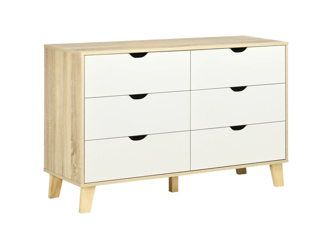 Cômoda Com 6 Gavetas Para Quarto, Sala De Estar, Escritório, Estilo Moderno, 120x40x76 Cm, Cores Natural E Branca.