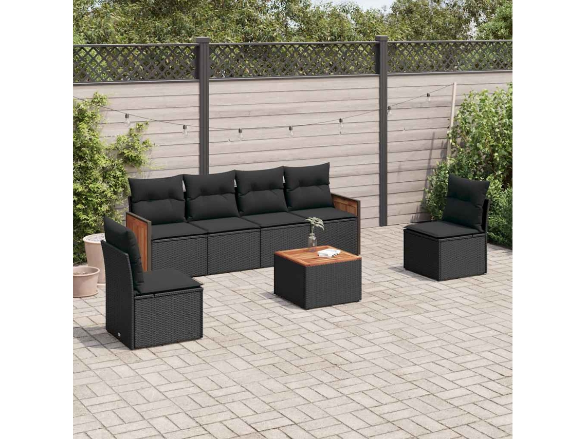 Vidaxl 7 Pcs Conjunto de Sofás P/ Jardim C/ Almofadões Vime Pe Preto