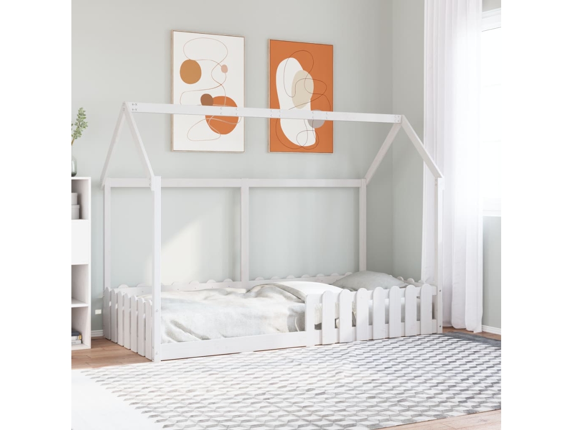 Cama De Solteiro | Camas Para Quarto | Cama Infantil Formato De Casa 90x200 Cm Pinho Maciço Branco