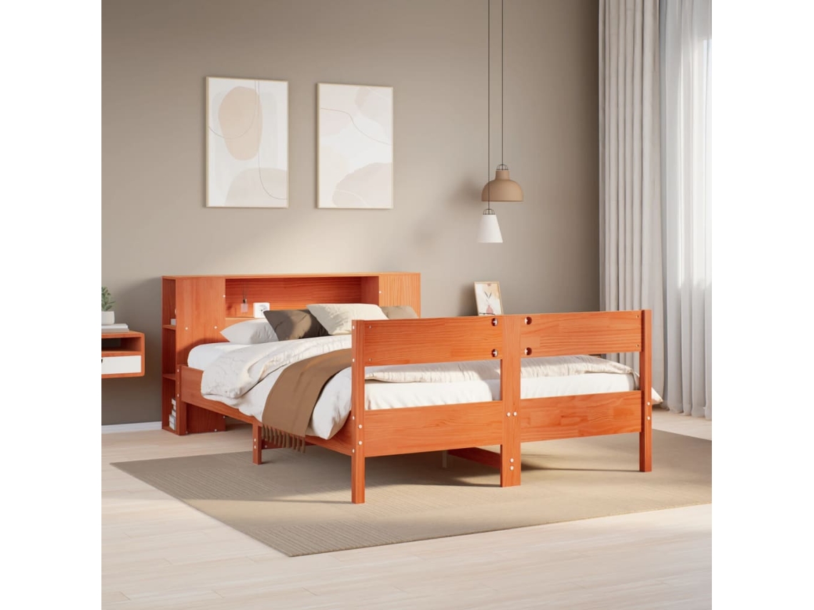 Vidaxl Cama Com Estante Sem Colchão 140x200 Cm Pinho Maciço